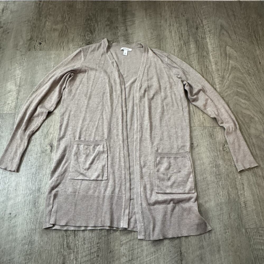 Nine West Cardigan M Womens Taupe Open Front Ribbed Knit Pocket Sweater